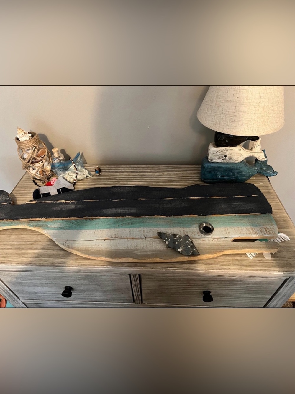 Coastal Wooden Whale Wall Decor in Teal and Black